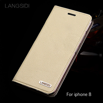 Luxury genuine calf leather litchi texture for iphone 8 flip phone case all hand-custom